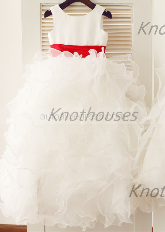 Ivory Satin Organza Ruffled Flower Girl Dress With Red Belt